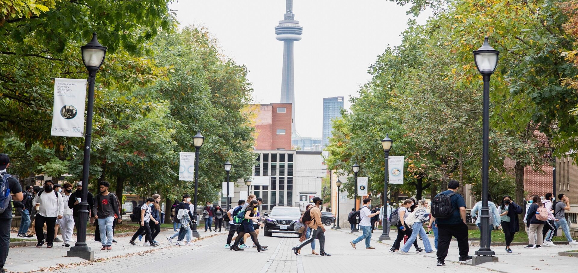 students walking across campus